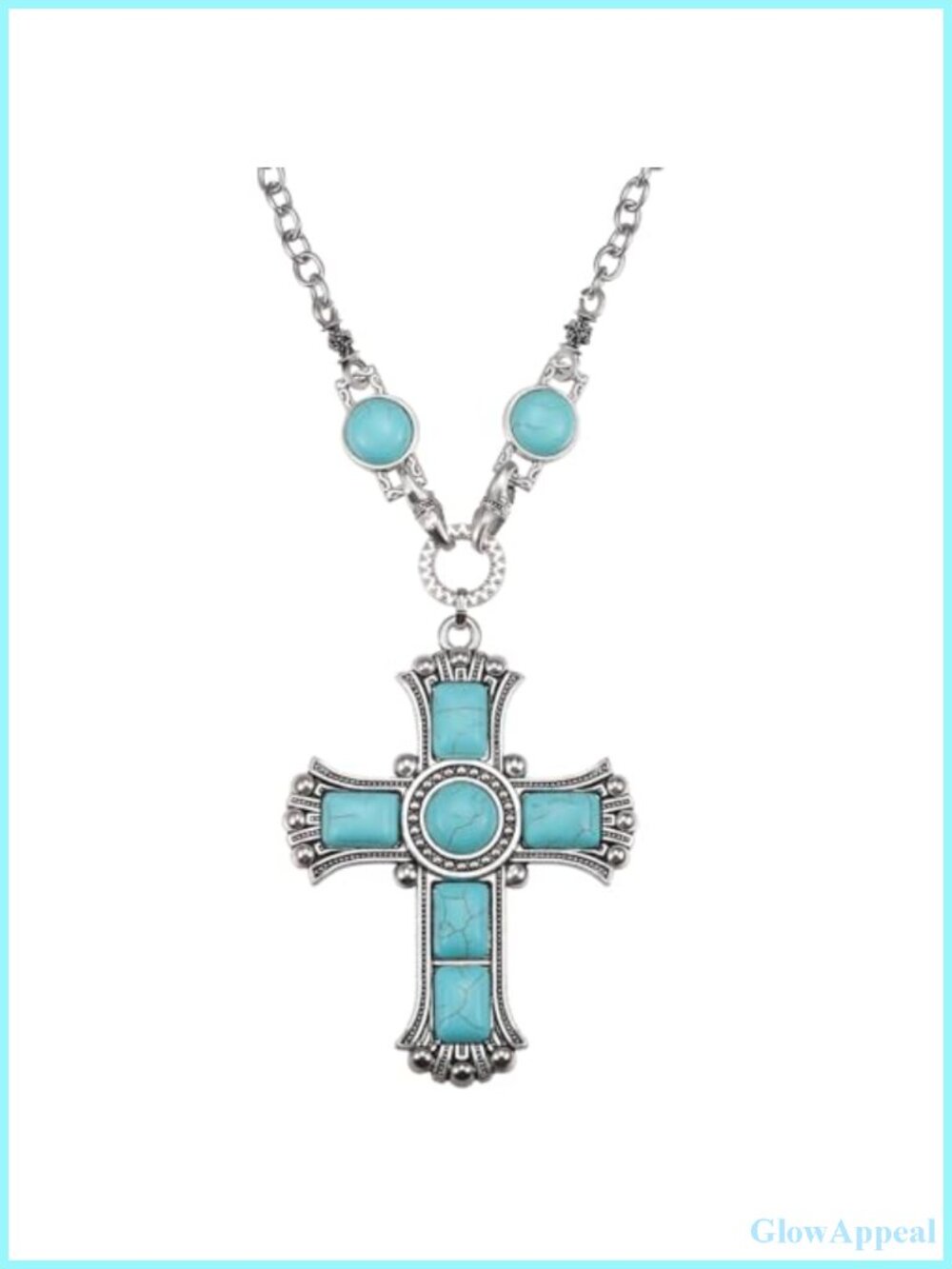 Turquoise Cross Pendant Necklace Women's Western Silver Tone 18-20 Inch